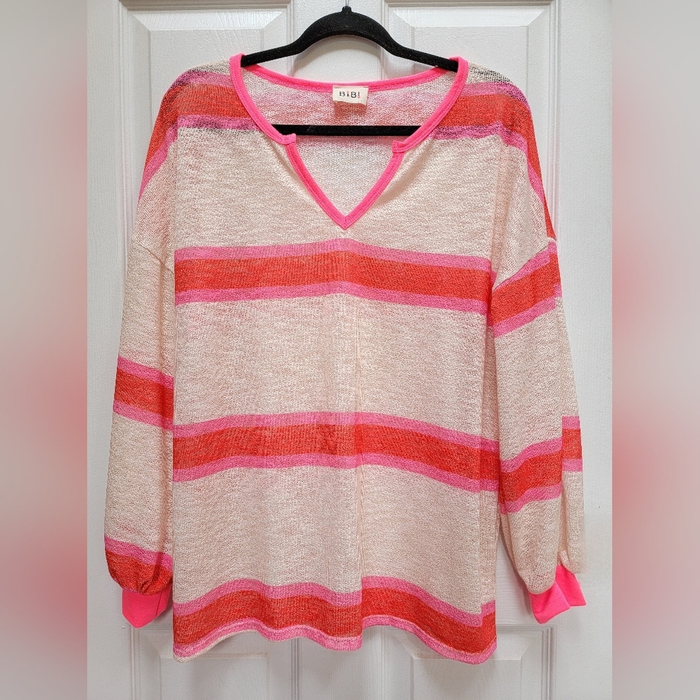 Bibi Womens Bright Striped V-Neck Sweater Size XL
